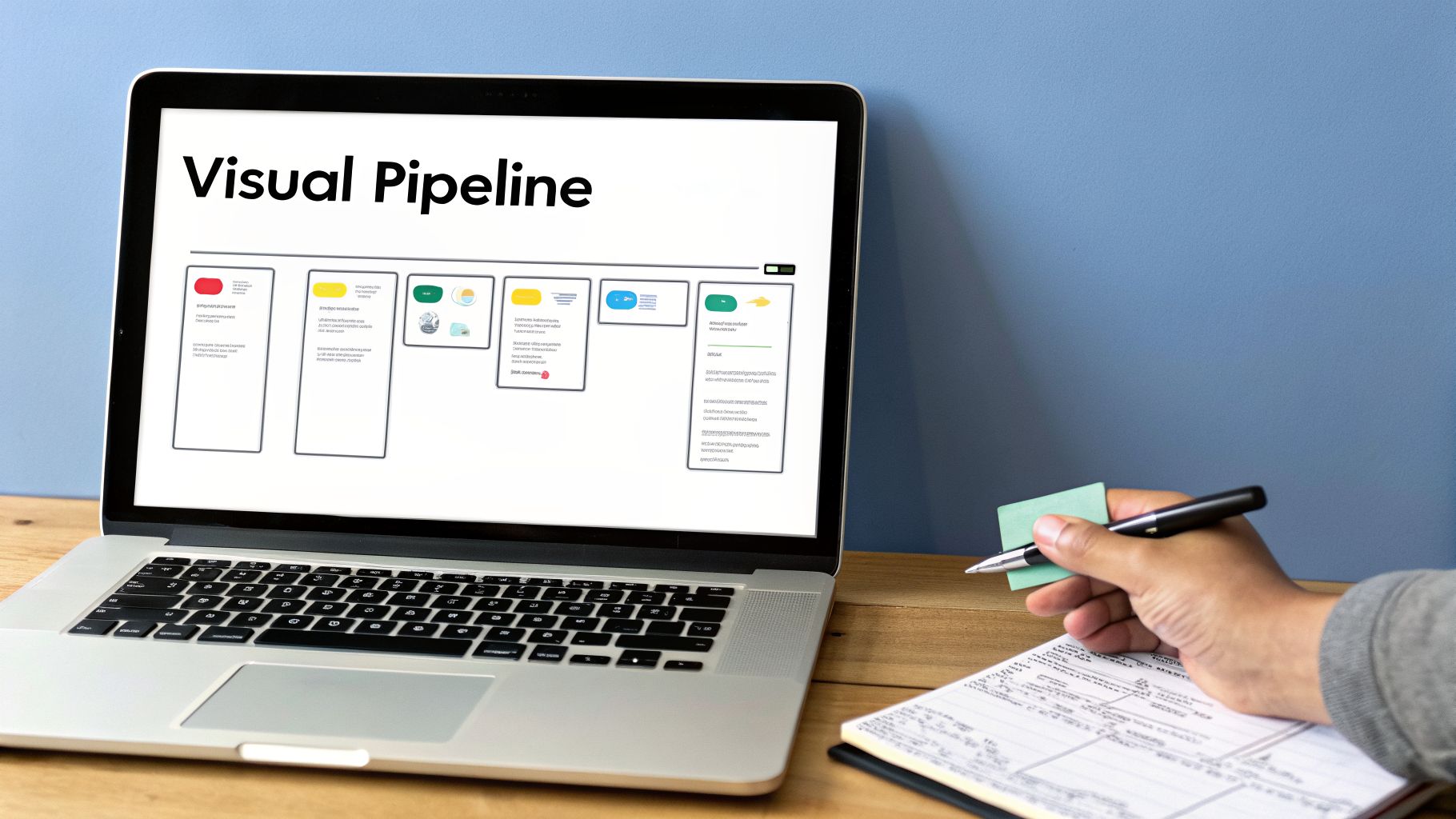 Laptop displaying 'Visual Pipeline' workflow with a hand taking notes on a desk.