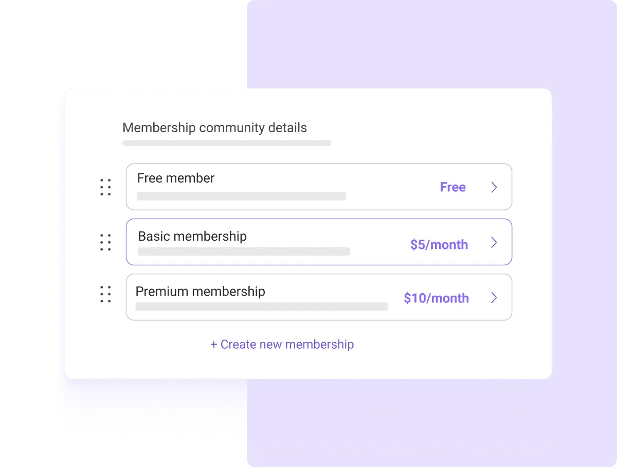 Screenshot of three membership tiers in a Wylo-built community, displaying pricing, benefits, and subscription options.
