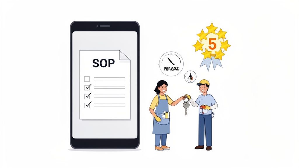 Cartoon: SOP checklist on phone, two workers exchanging keys, symbolizing efficient, 5-star service.