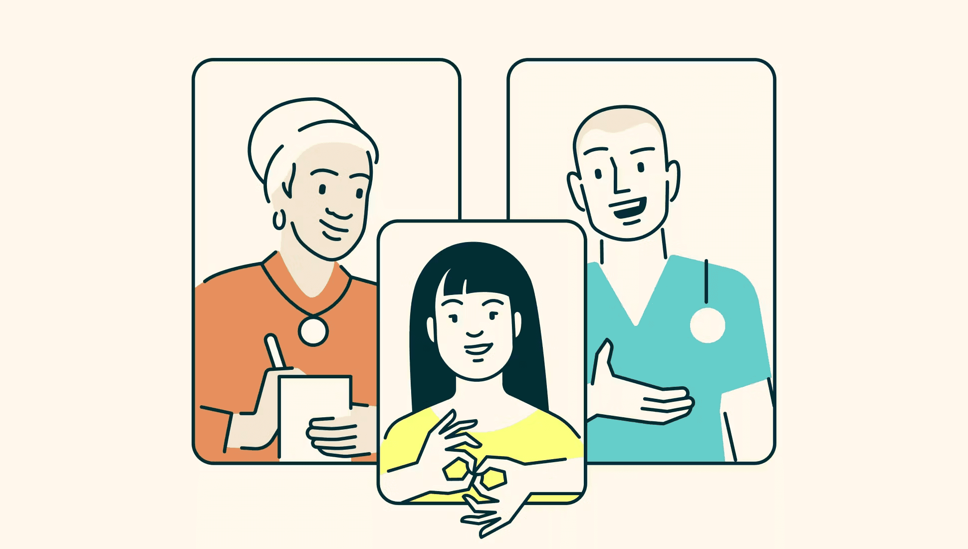 an illustration of a provider and a patient and an interpreter in between them