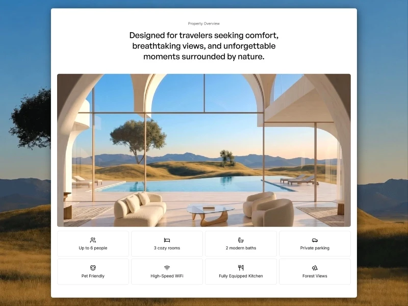 Luxury villa interior with large arched window looking out to a private pool and desert mountains