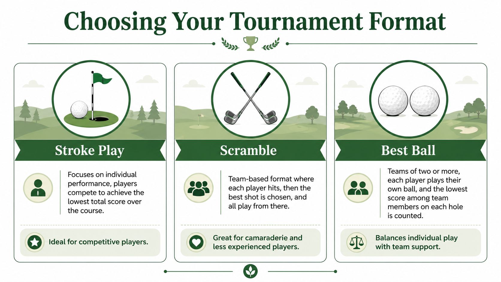 An infographic detailing three golf tournament formats including Stroke Play, Scramble, and Best Ball with descriptions.