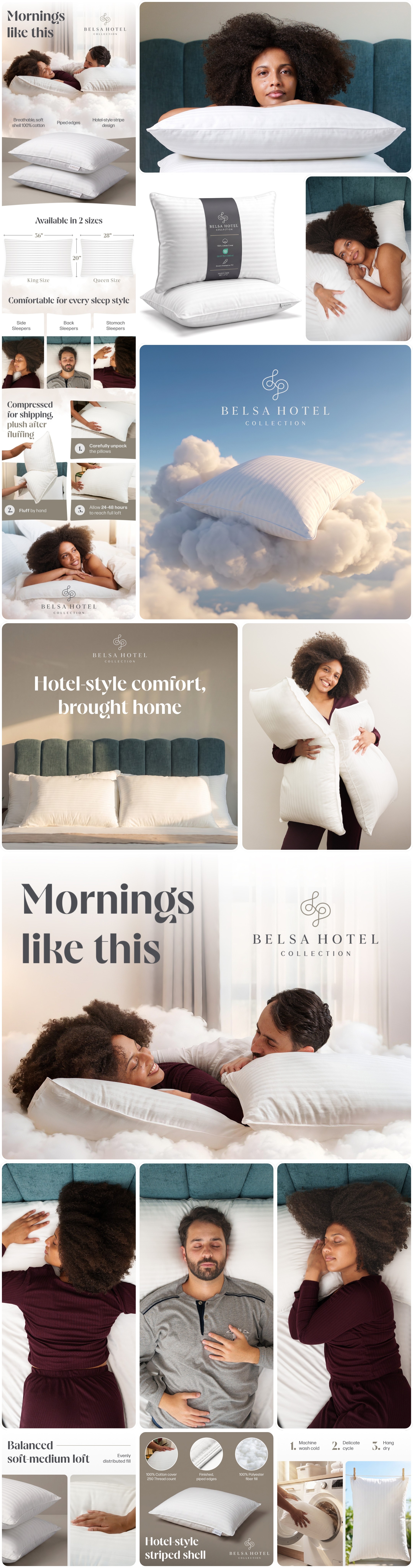 Belsa Hotel Collection pillow collage highlighting luxury comfort, size options, and features infographics.