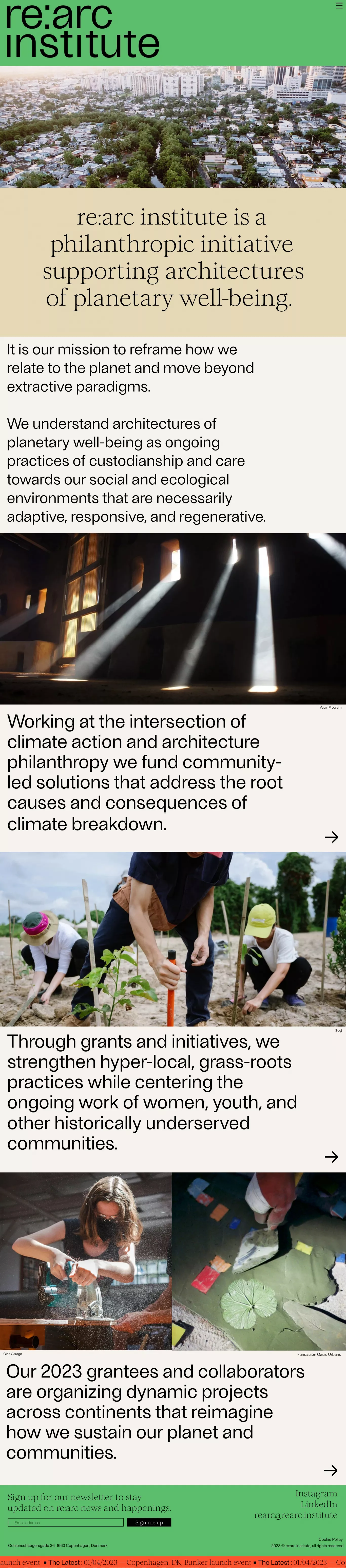 re:arc institute other page screenshot showcasing Charity and Nature design