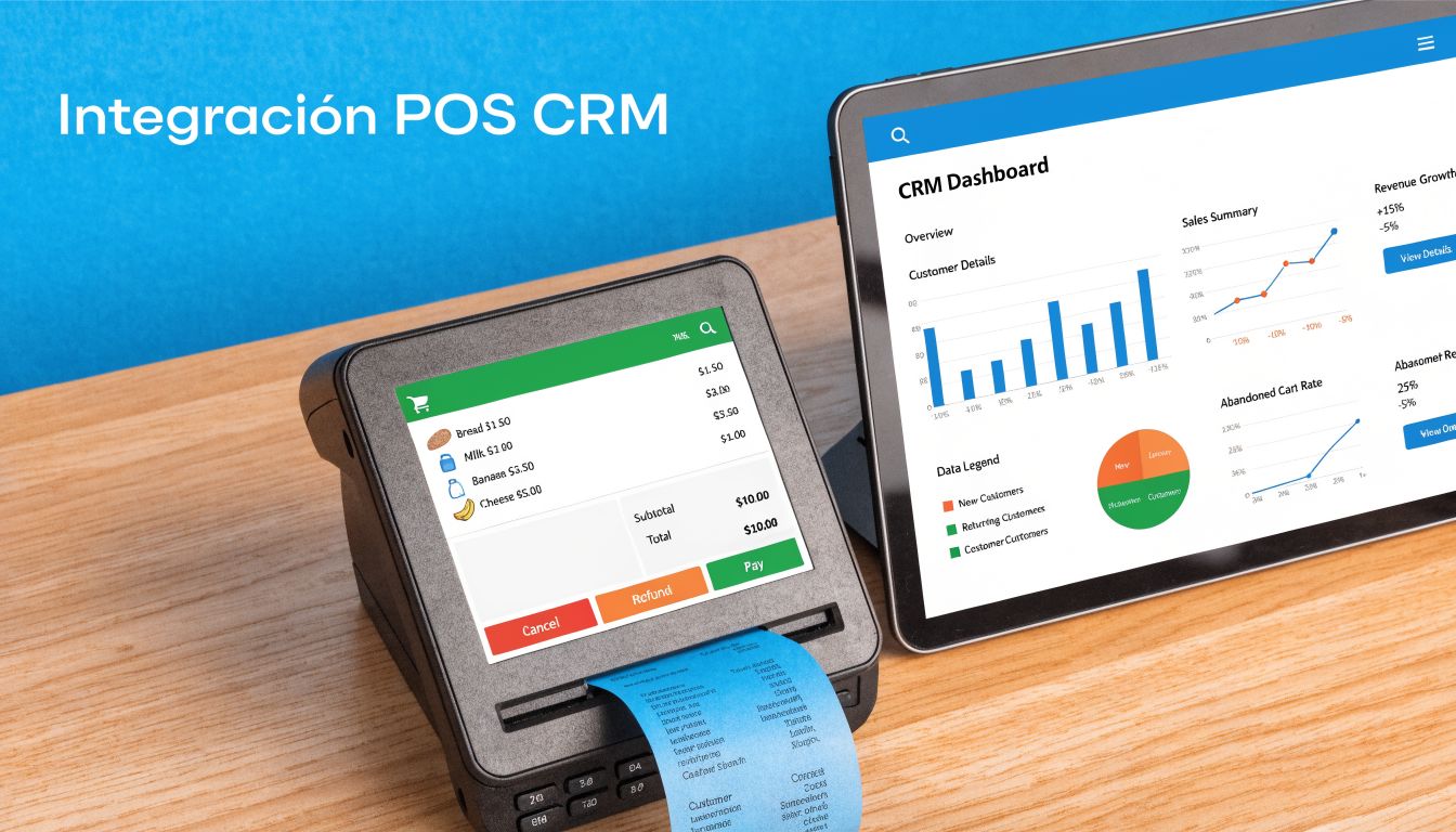 Una pantalla de punto de venta y una tablet mostrando estadísticas de CRM en una mesa de madera.