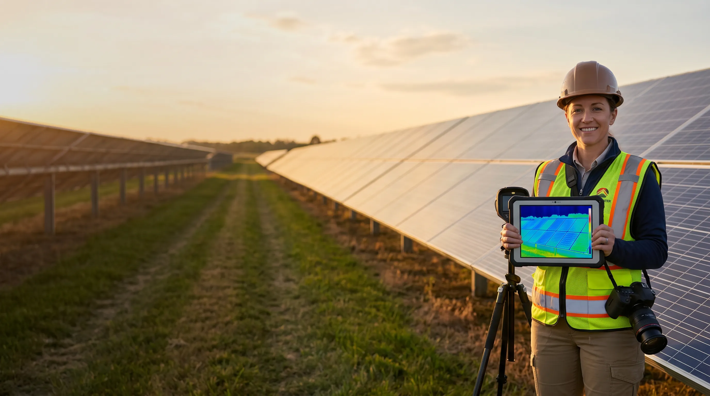 Engineer in safety gear standing beside solar panels at sunset on a solar farm site.