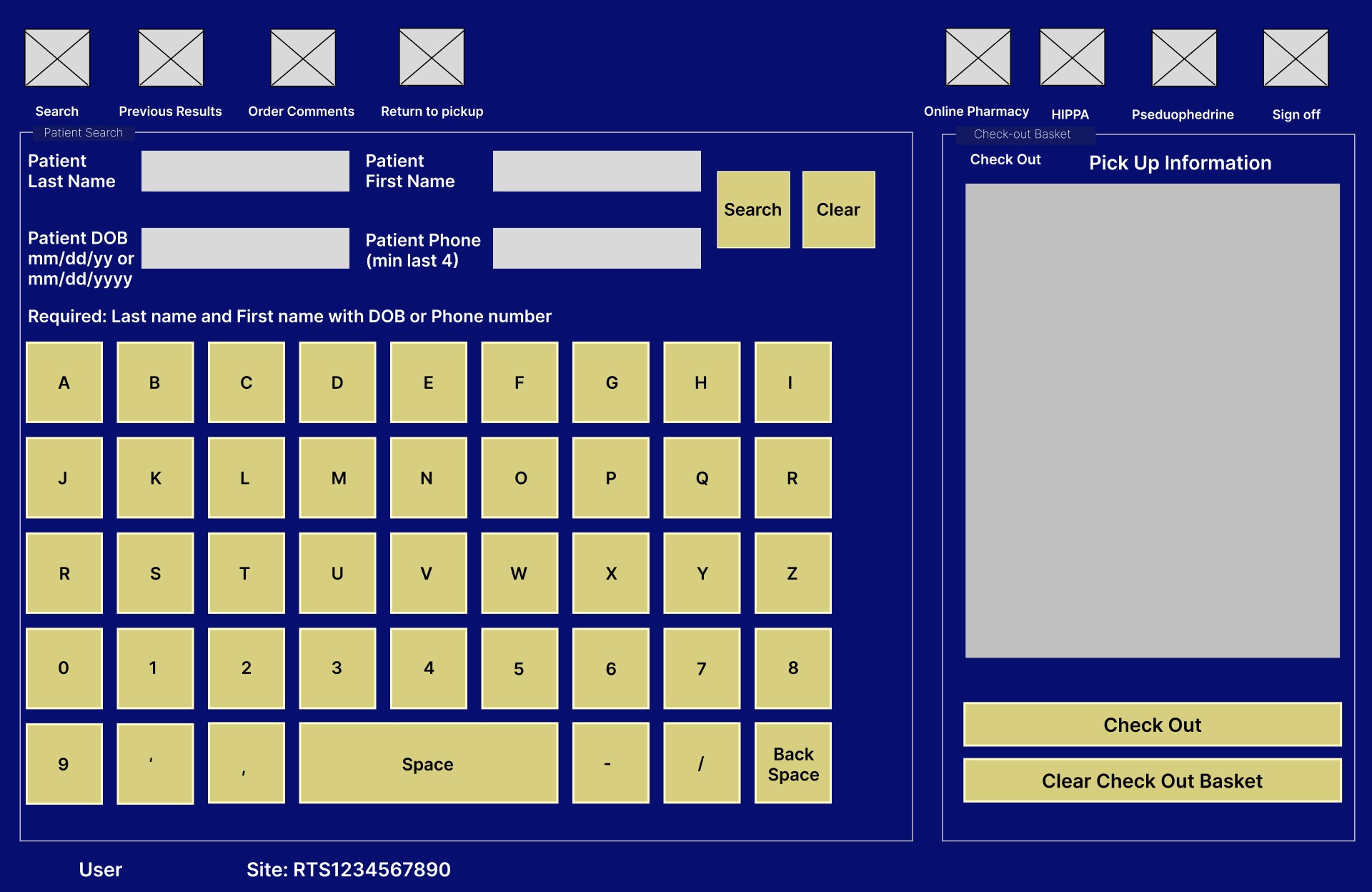 A recreation of the checkout screen used in the walmart pharmacy software, featuring a yellow on-screen keyboard against a dark blue background.