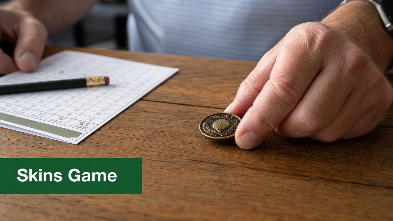 A person writing on a golf scorecard next to a bronze skins game coin on a table.
