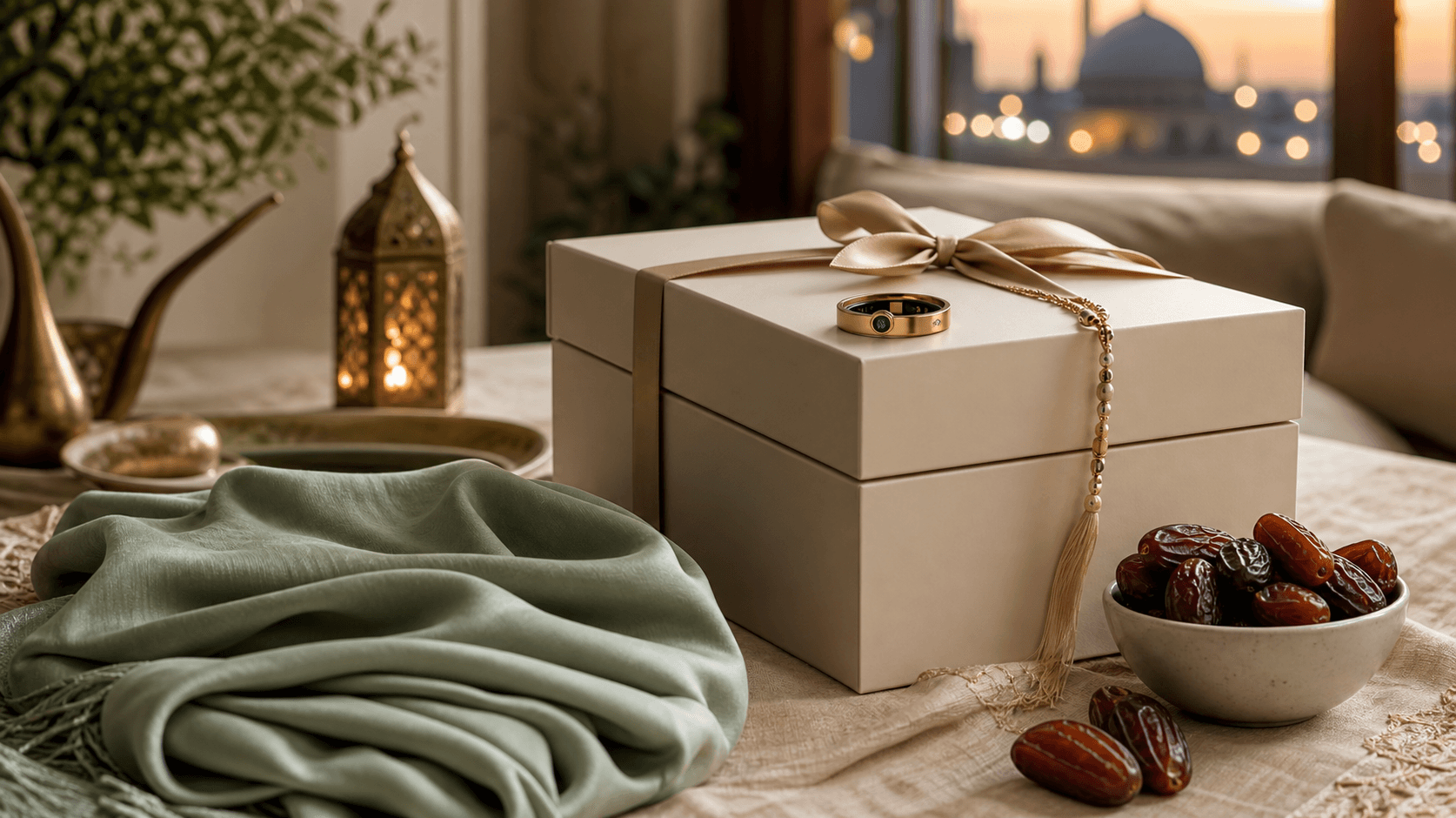 A Ramadan gift for her: a gift box with dates, a soft hijab scarf and a smart dhikr ring