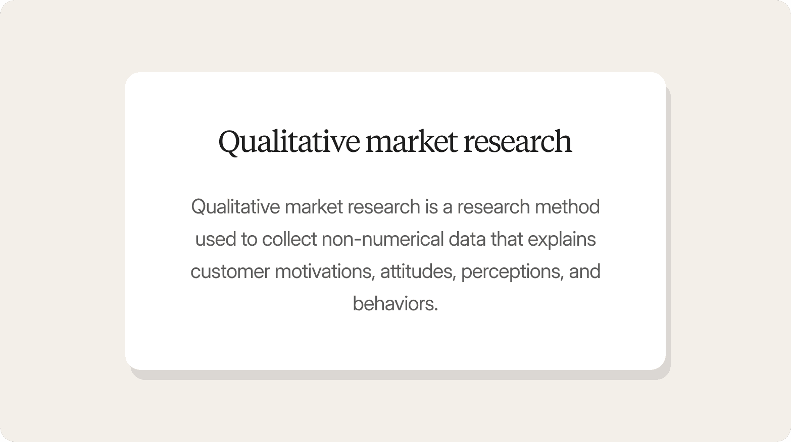 White card on a beige background titled "Qualitative market research" with the definition: "Qualitative market research is a research method used to collect non-numerical data that explains customer motivations, attitudes, perceptions, and behaviors."