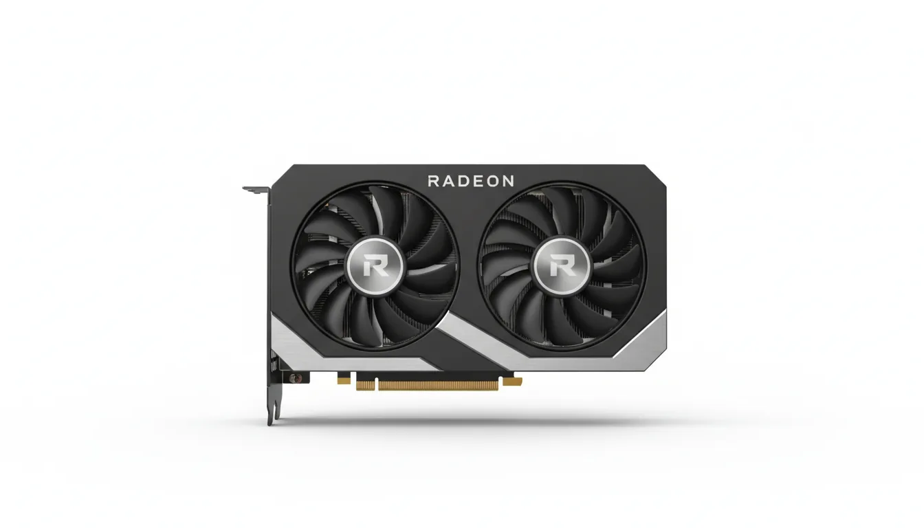 3D render of a modern AMD Radeon graphics card, professional product shot, eye-level front-facing view, isolated on a white studio backdrop. The card features a matte black plastic shroud with silver metallic accents and two large black fans. Each fan hub is silver with a stylized 'R' logo. Lit with soft global illumination, creating clean, even lighting and a subtle floating shadow underneath. The gold PCI-E connector is visible at the bottom.