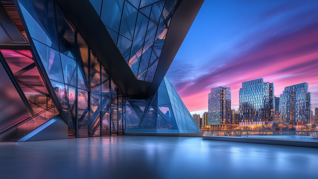 A spacious industrial-style interior with exposed brick walls, large windows, and natural light pouring in during sunset. Wooden desks with plants and workspace materials are arranged along the walls, with a view of greenery and an outdoor seating area.