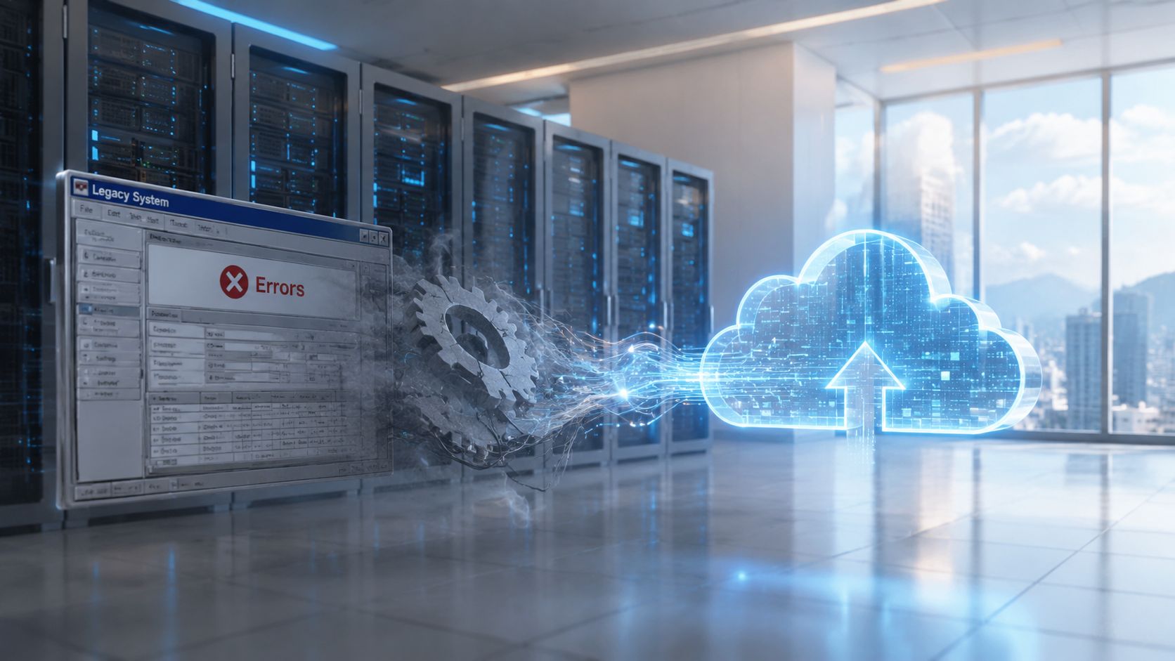 A digital illustration representing legacy system migration to the cloud with gears and glowing data connections.
