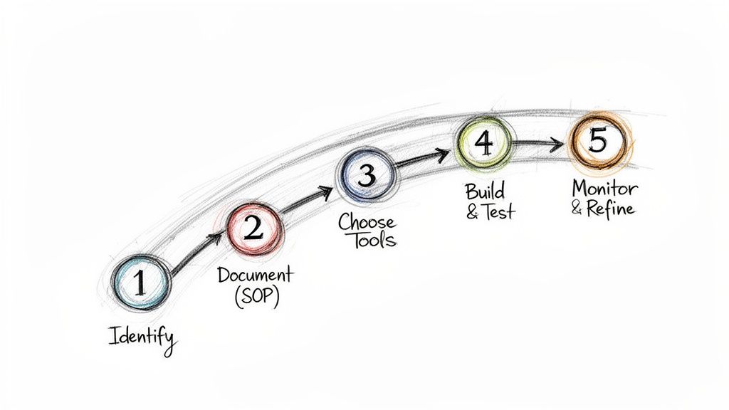 A hand-drawn diagram illustrating a 5-step workflow: Identify, Document (SOP), Choose Tools, Build & Test, Monitor & Refine.