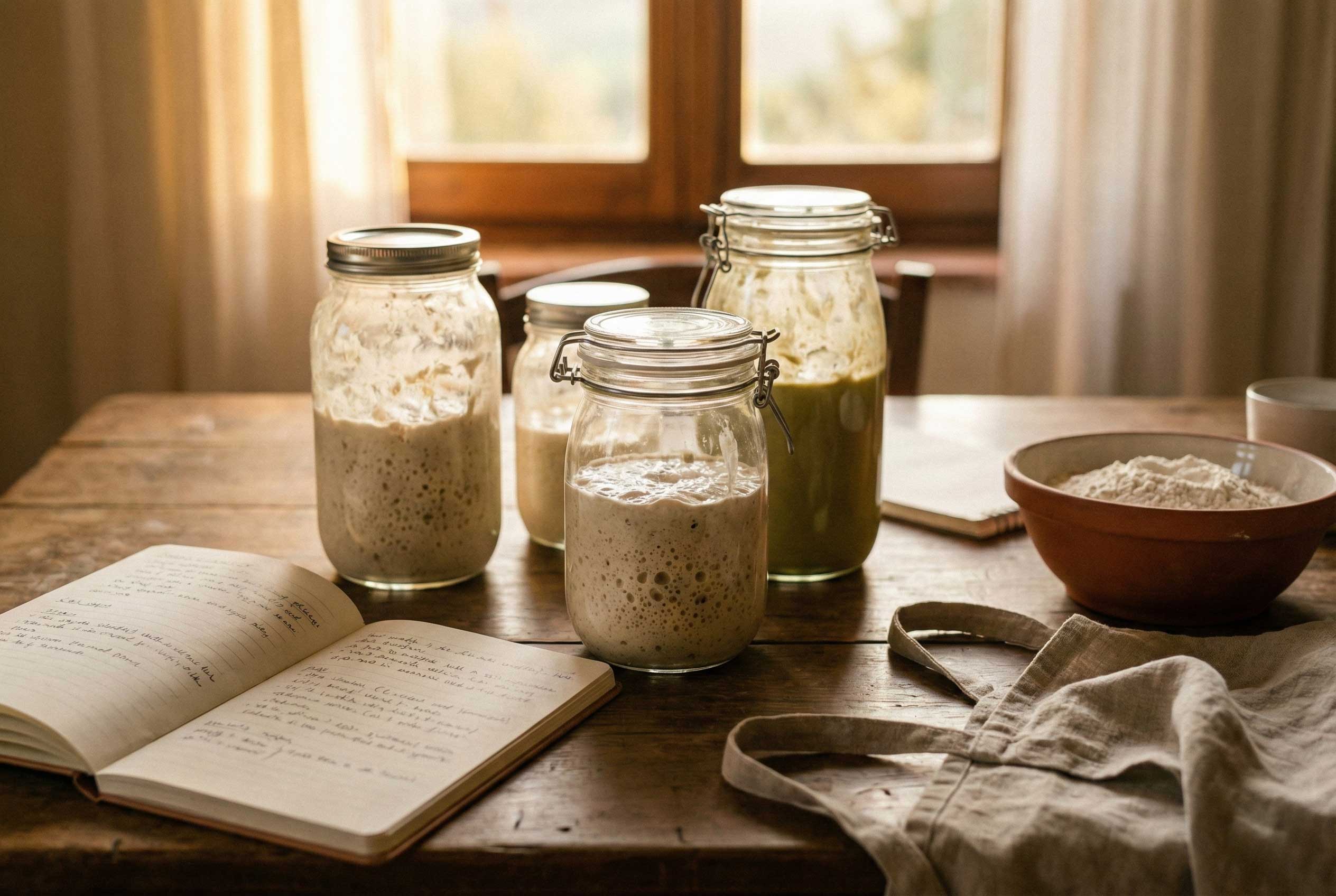 A rustic kitchen scene featuring glass jars of sourdough starter on a wooden table, with a notebook filled with handwritten recipes, a brown bowl of flour, and a beige fabric apron, illuminated by soft natural light from a window.