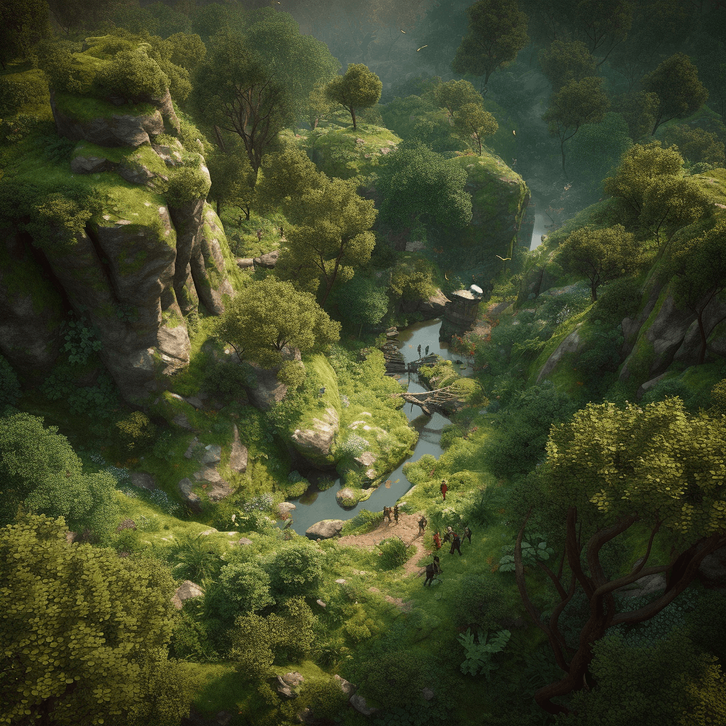 Isometric aerial view of the Narrowlands. A river winds through  lush green valleys. People stand nearby