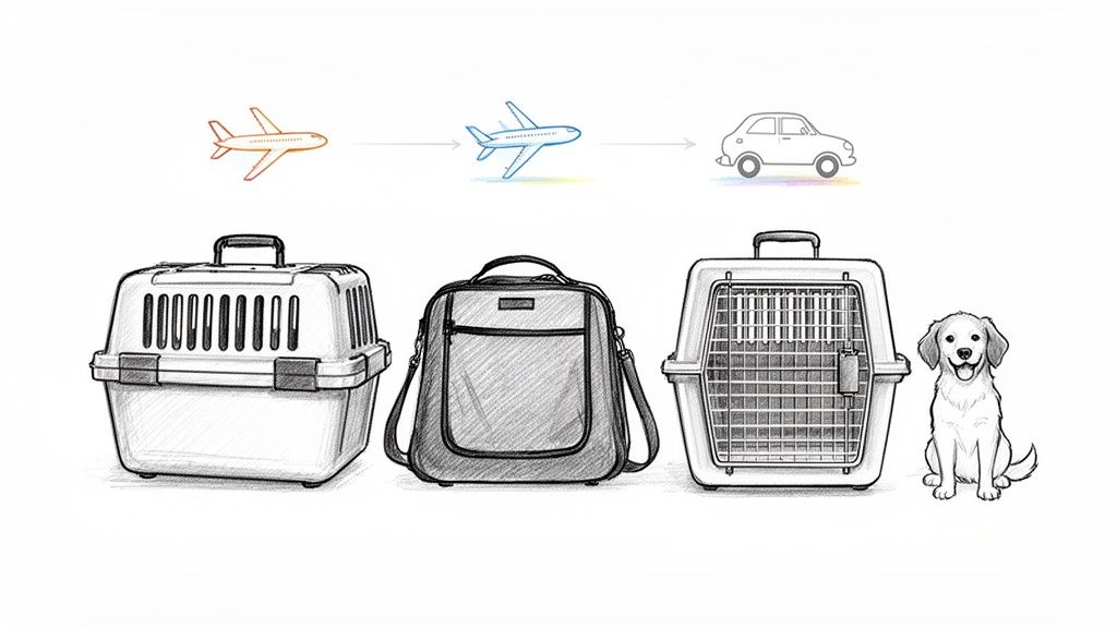 Illustration showing various pet travel crates, a soft carrier, and a happy dog, for airplane and car trips.