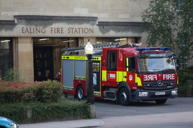 A Council Tax funded fire engine leaves Ealing fire station