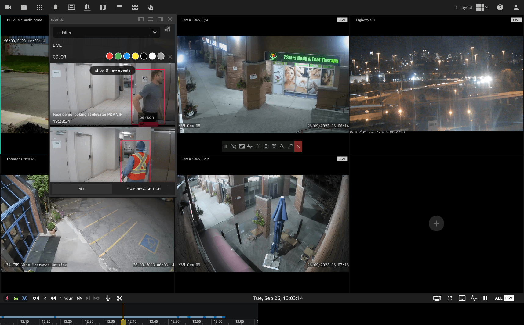 Multi-camera security system interface showing live surveillance feeds, facial recognition alerts, and recorded event playback from various indoor and outdoor locations.