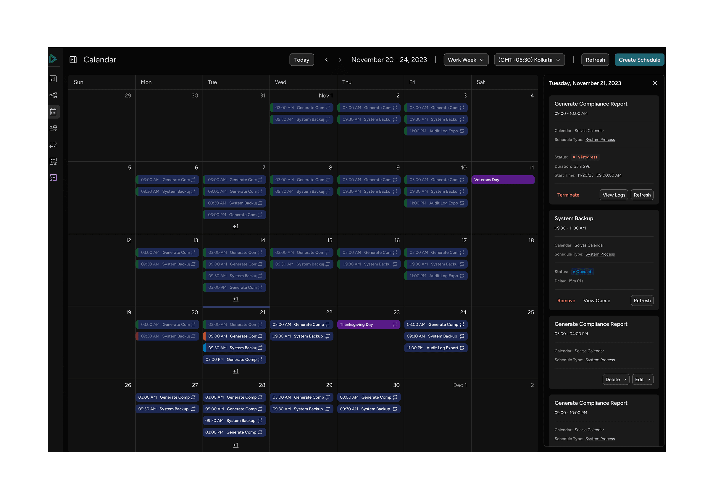 Calendar month view showing scheduled processes with statuses and a side panel displaying processes for a particular day