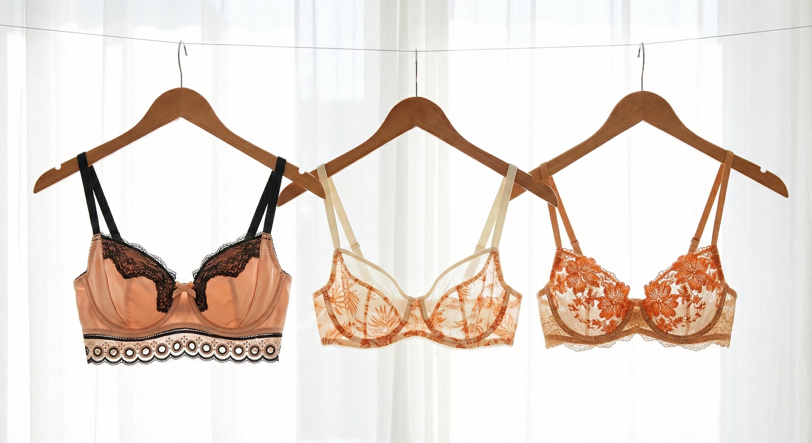 Three embroidered bras hanging on wooden hangers.