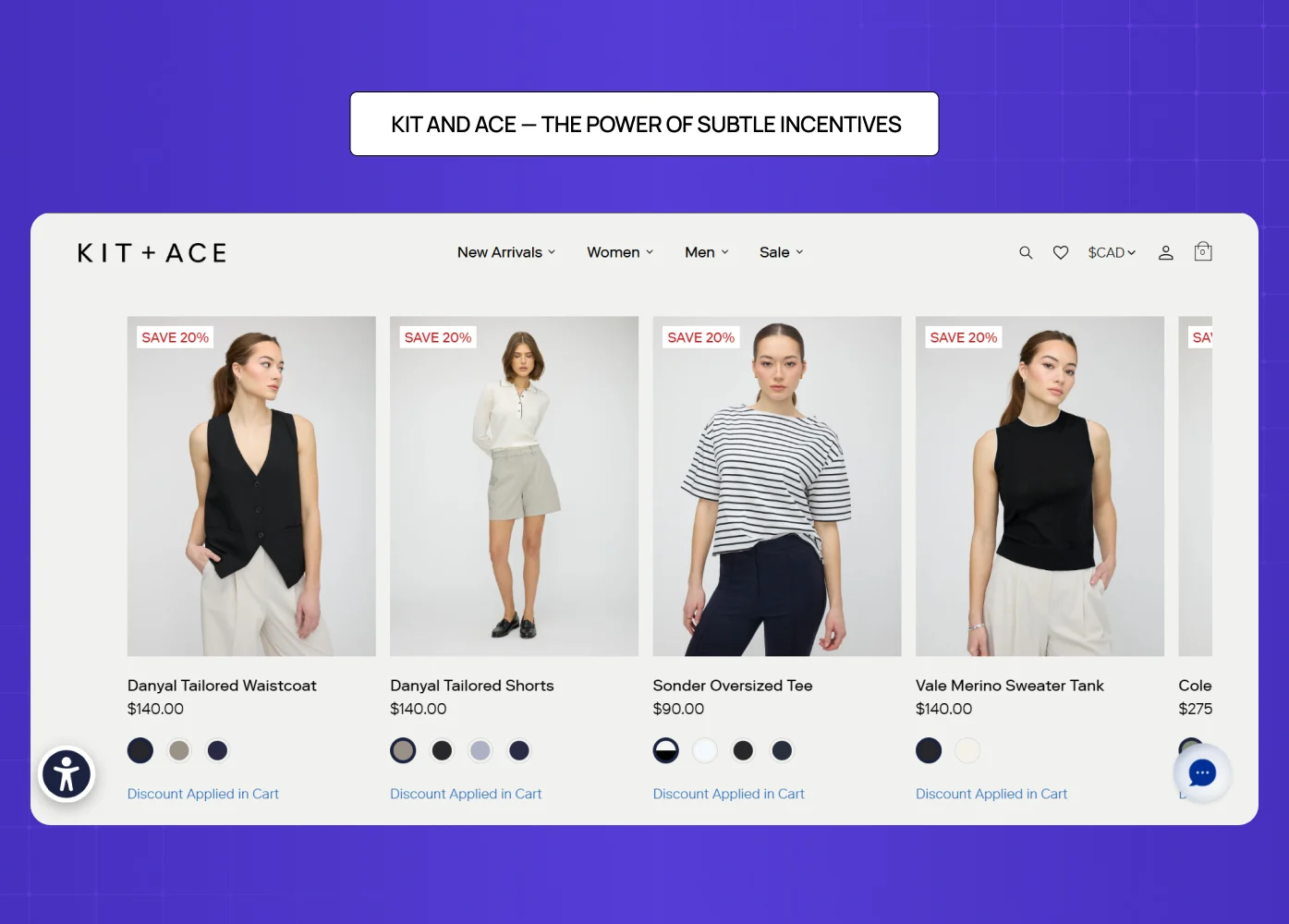 Kit and Ace product listing page showing clothing items with subtle discount tags and clean minimal layout. 