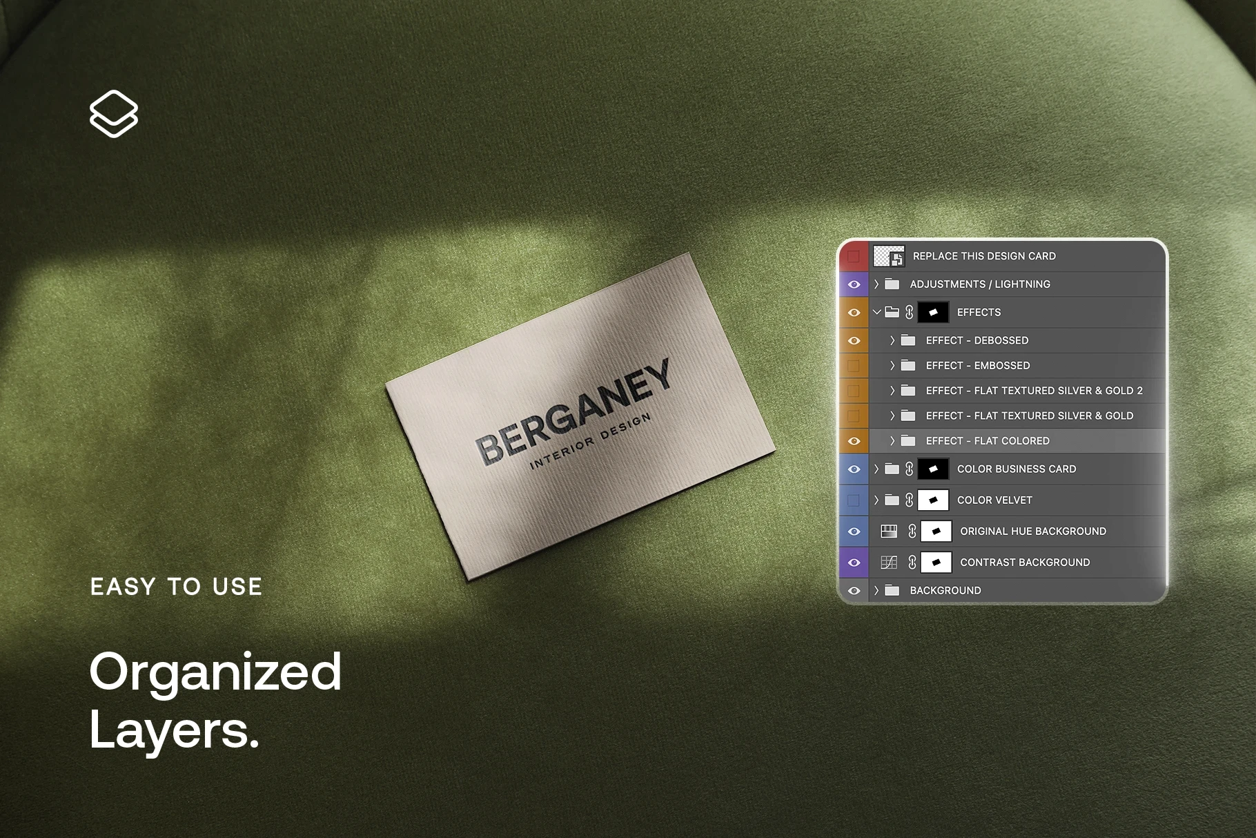 Business card mockup on green velvet background with organized Photoshop layers.