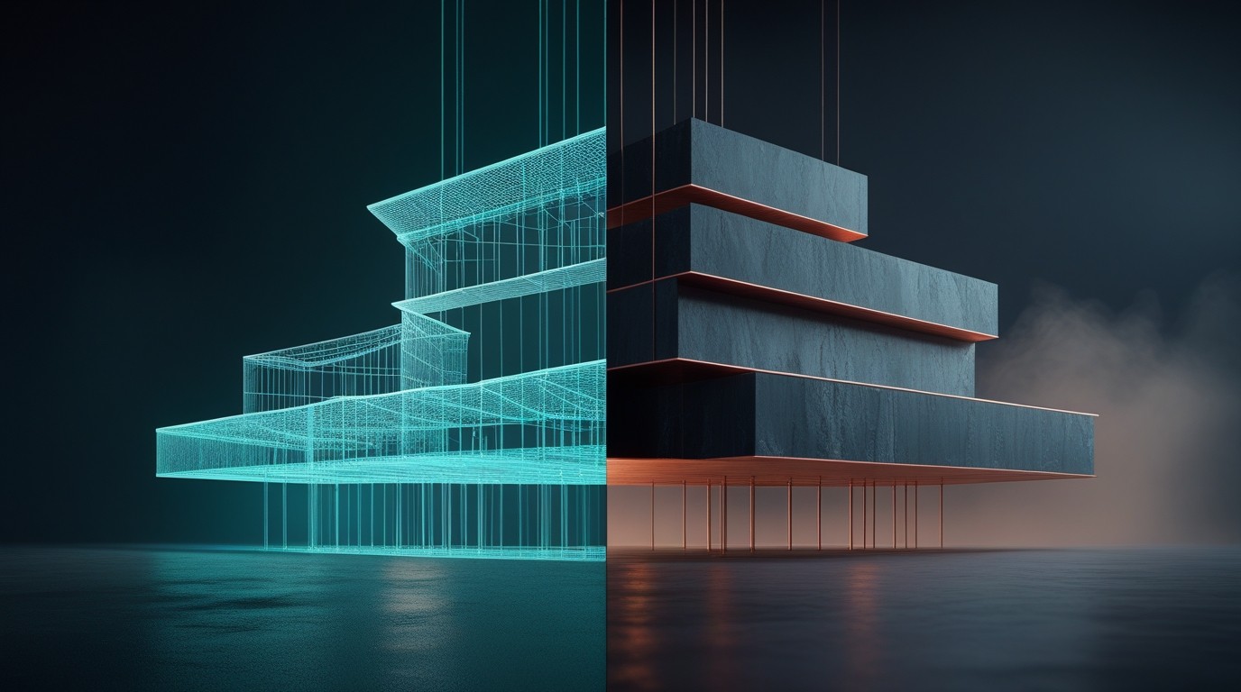 Abstract 3D render of a split wireframe and solid form