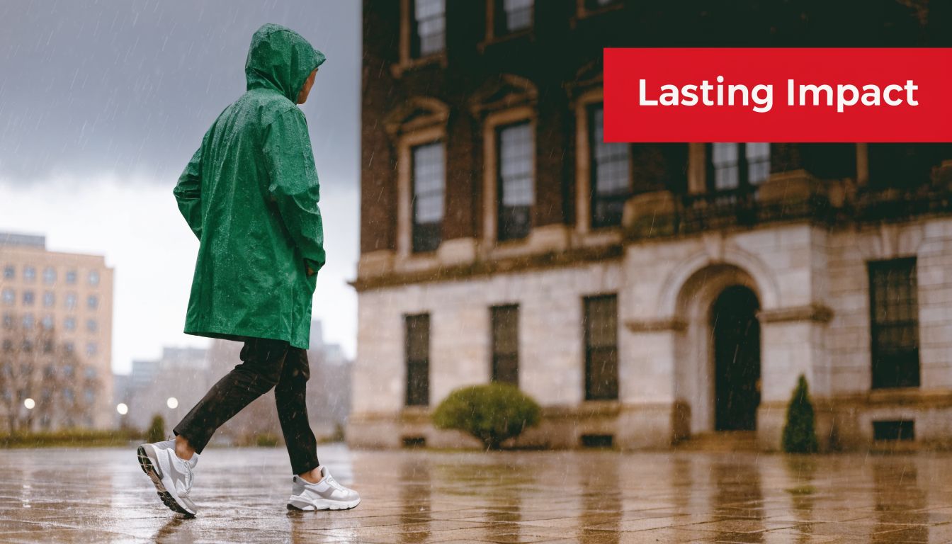 A person in a green raincoat walking across a paved courtyard during a rainy day.