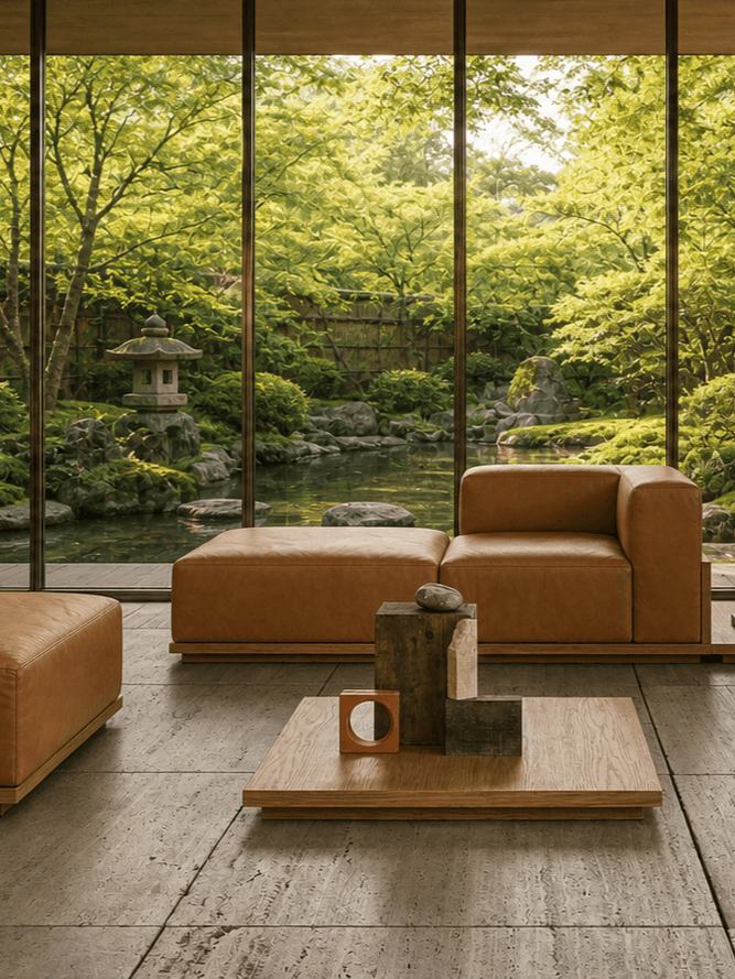 Serene modern lounge with Japanese garden view