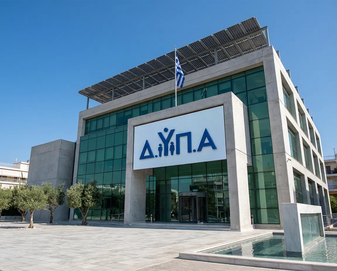 Exterior view of a DYPA public employment service building with the recognizable logo.