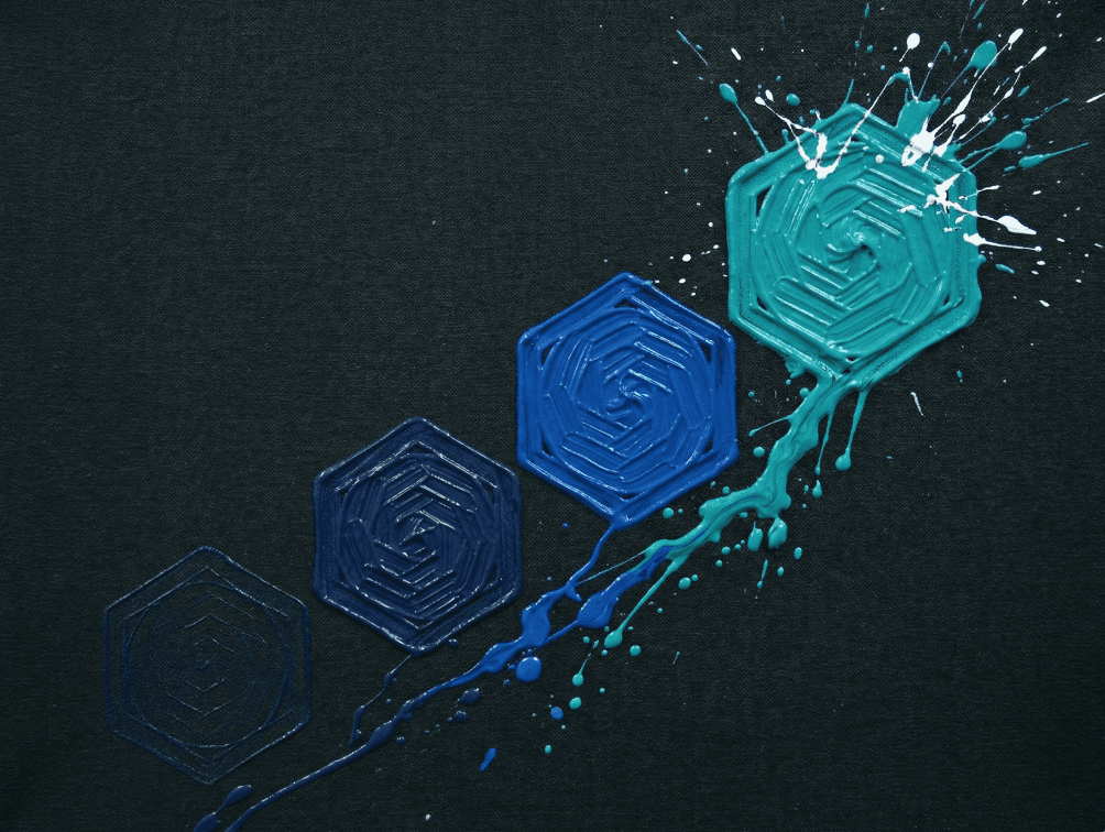 Abstract artwork featuring swirling patterns of teal, green, and orange hues, creating a dynamic visual flow.