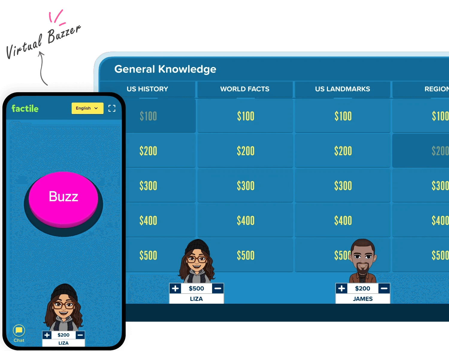 Factile Jeopardy board for General Knowledge with a phone showing the Buzz button beside player avatars Liza and James