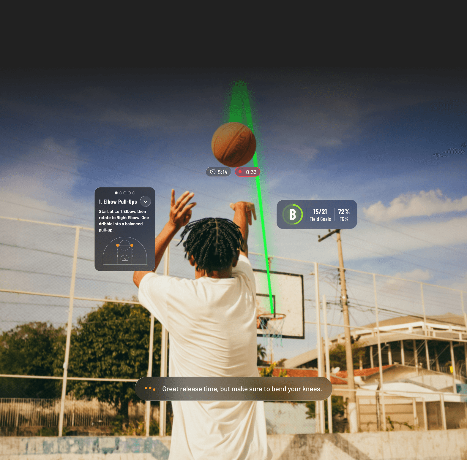Trainify AI's in-workout user interface showcased over a young athlete shooting a basketball