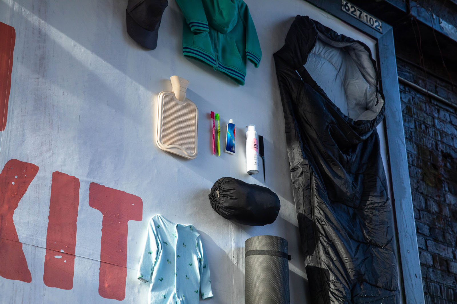 Close up of clothes stuck to a billboard