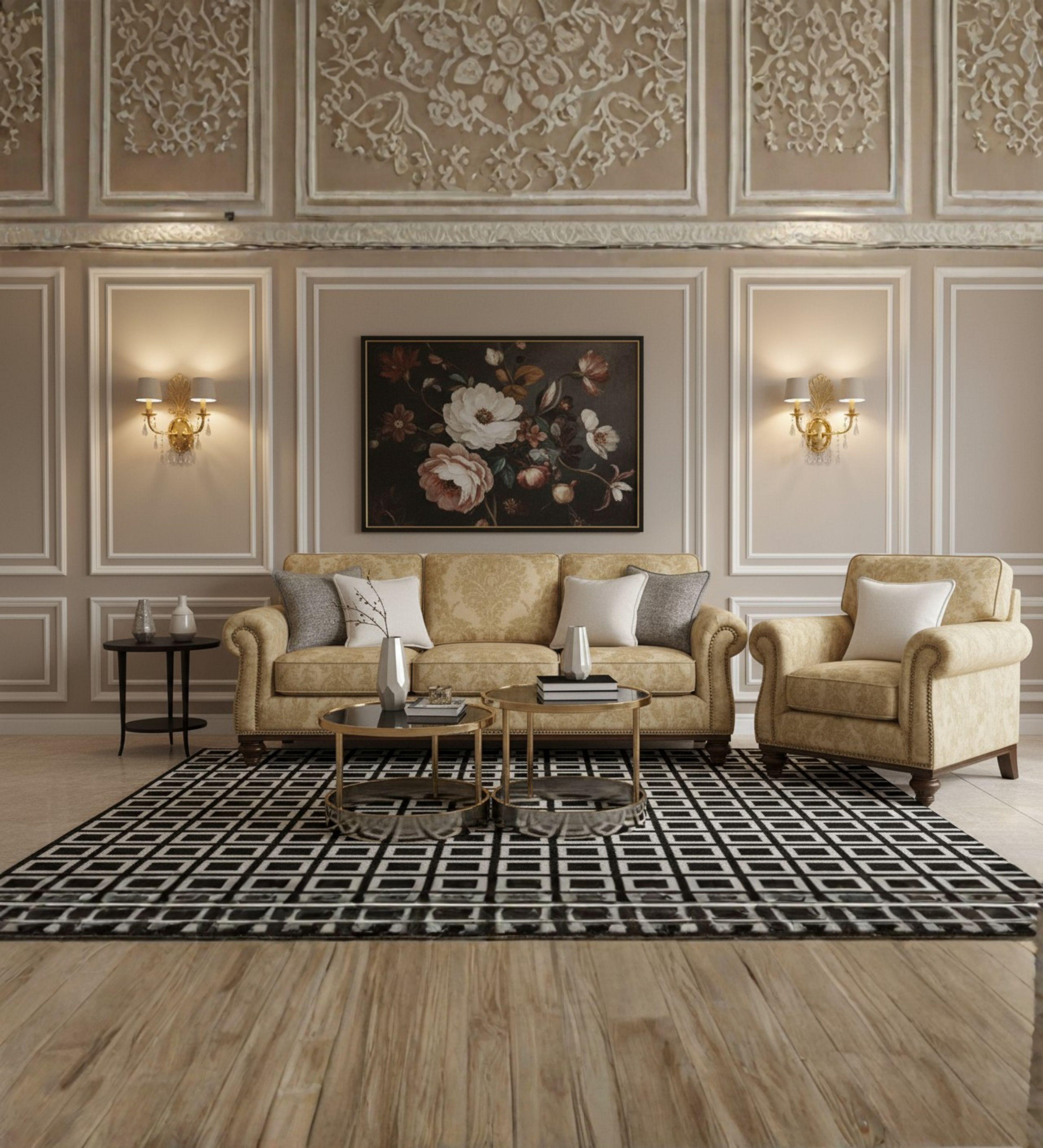 Three‑seater beige upholstered sofa with rolled arms, patterned fabric, and wooden legs