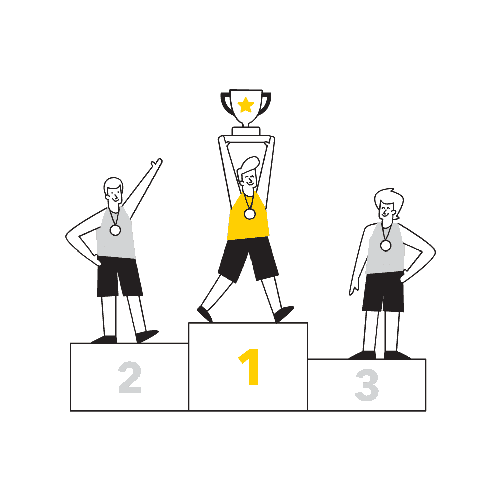 Illustration de trois professionnels sur un podium représentant les meilleurs outils SaaS 2025 pour booster la productivité et la compétitivité