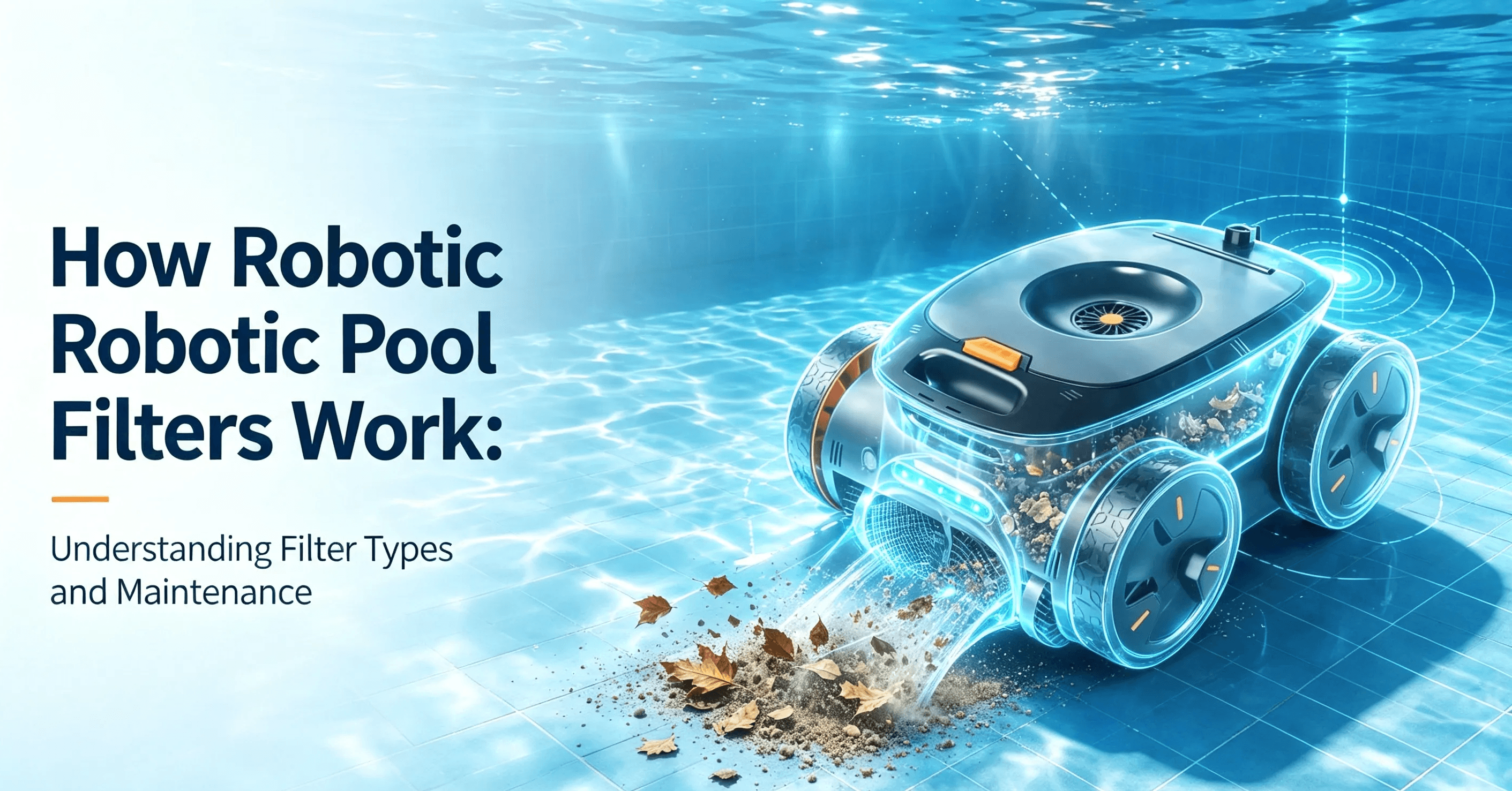 Cutaway robotic pool cleaner underwater demonstrating filtration system collecting leaves and debris from tiled pool bottom