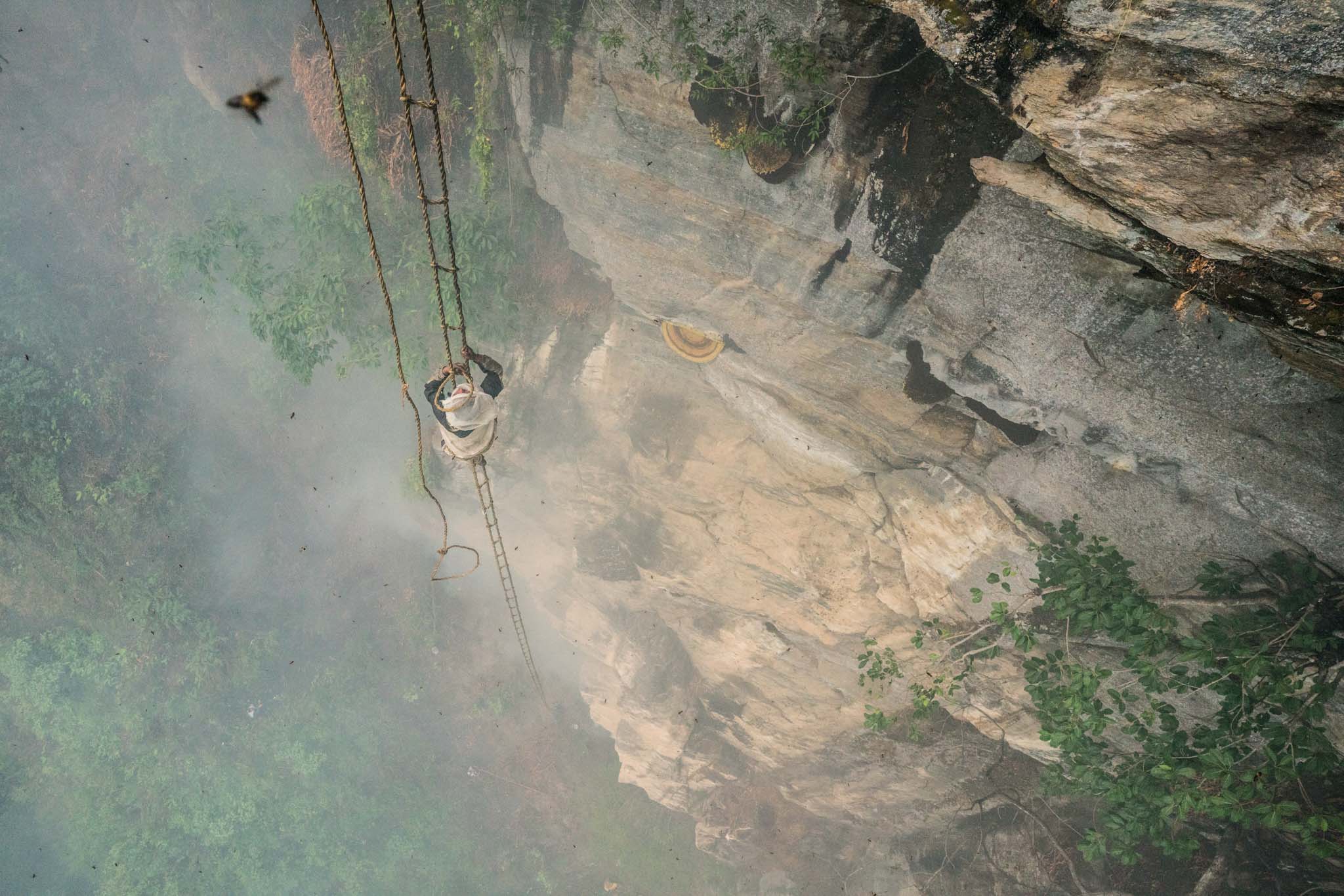A person in an orange jacket bending near a rocky cliff in a forest.
