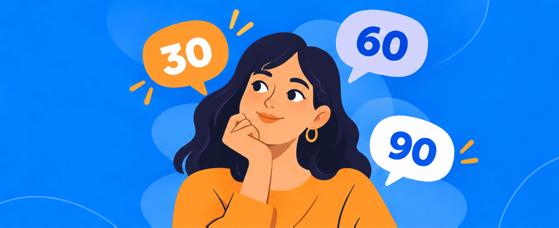 Замислена жінка та бульбашки з числами 30, 60 і 90 на синьому тлі.