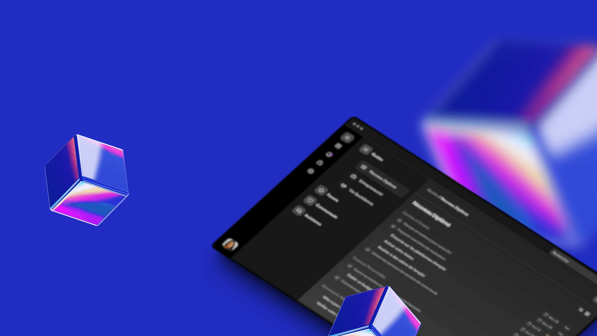 Une interface numérique moderne, affichant un écran aux couleurs vibrantes avec des cubes aux reflets irisés, symbolisant l'innovation et la fluidité des outils numériques de Jude. Cette image fait référence à l'expérience visuelle dynamique et interactive offerte par l'application.