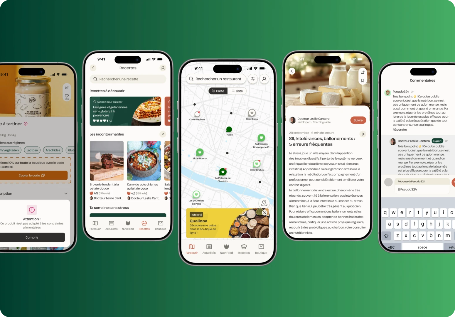 Interface de l'application iOS et Android Nutrigenius, spécialisée dans la nutrition personnalisée