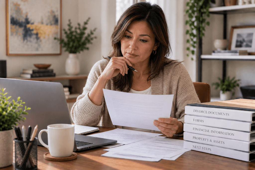 Woman reviewing divorce documents at a desk with a laptop and organized paperwork.