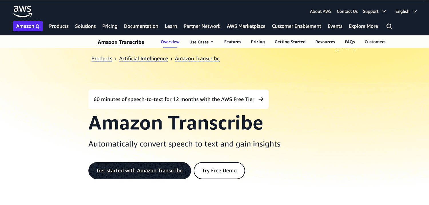 Amazon Transcribe homepage: Automatically convert speech to text