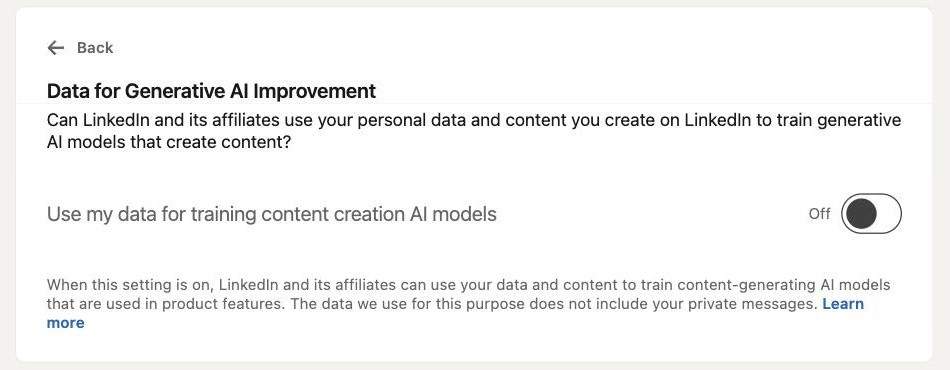 LinkedIn Data for Generative AI Improvement toggle switched off
