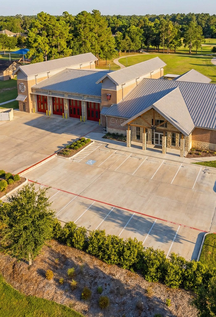 Fire Department facility exterior with apparatus bay doors and main entry. Cy-Fair Fire Station 1.