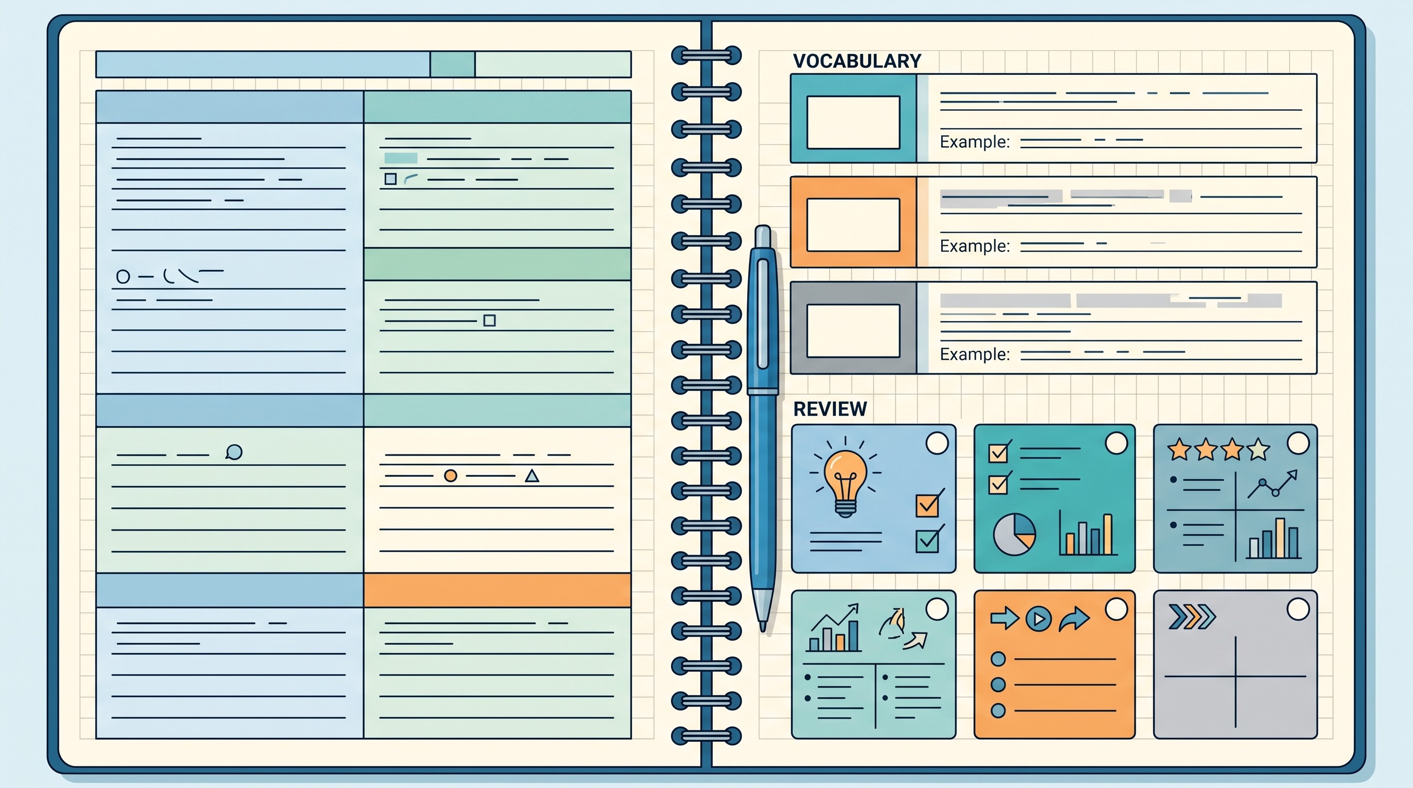 Study graphic organizers for notes, vocabulary, and exam review