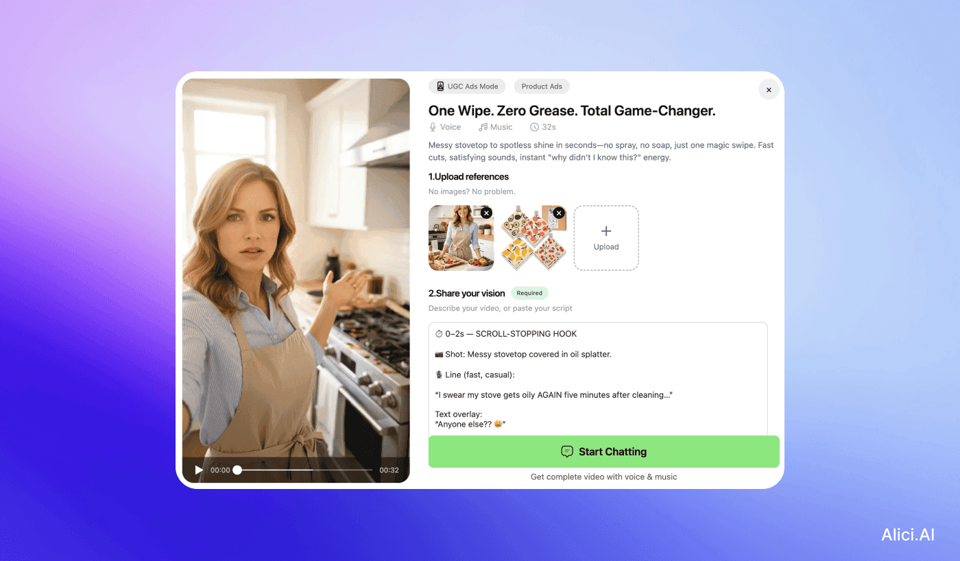 Alici.ai Video Super Agent UGC ad creation interface