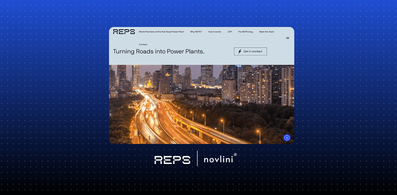Screenshot of the REPS website homepage showing a city skyline at dusk with bright highway lights and the headline Turning Roads into Power Plants.