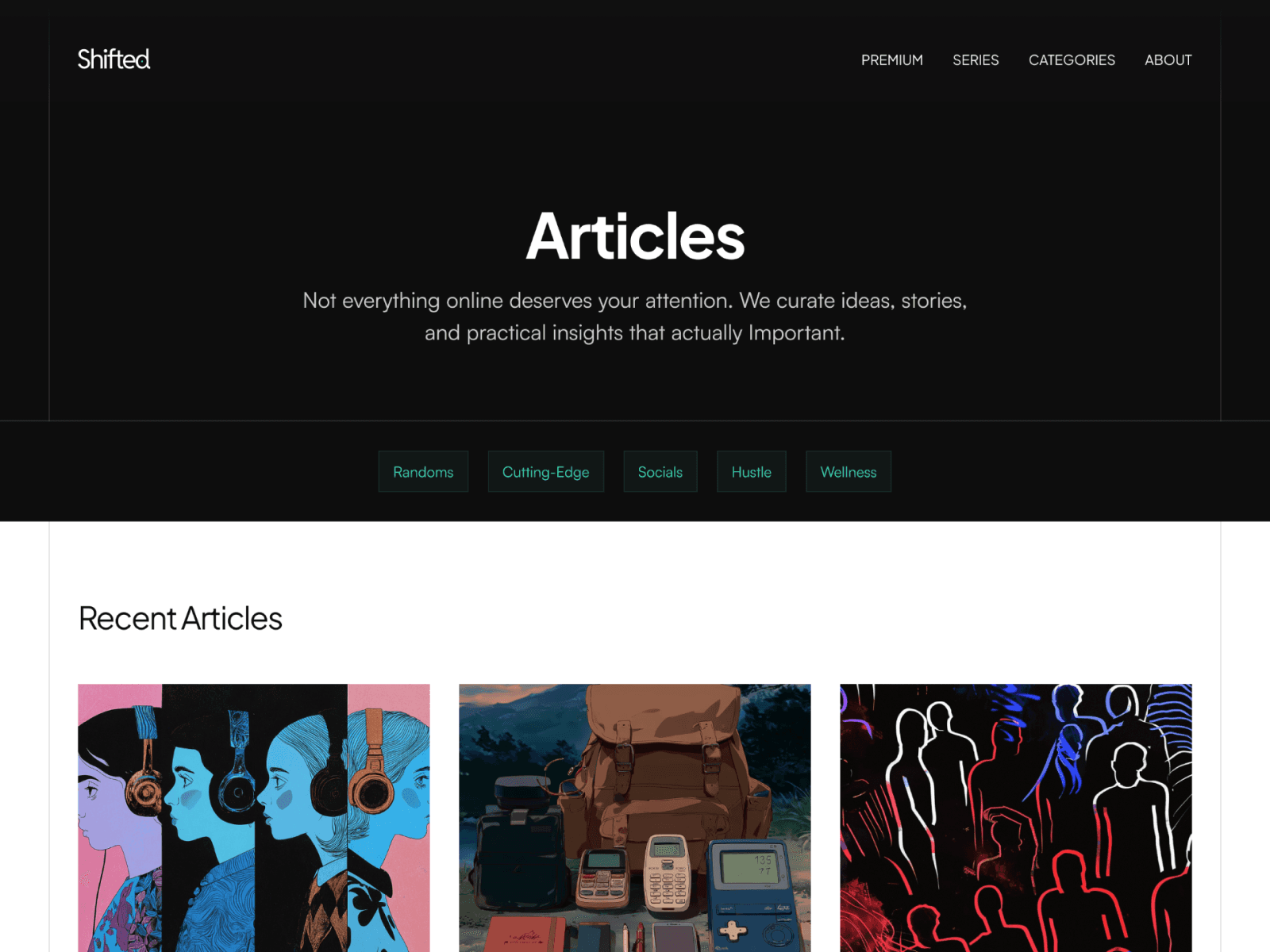 shifted media articles page section